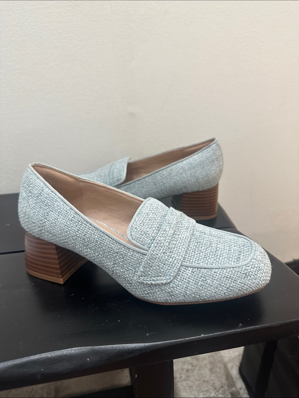 Kelly & Katie Light Blue Woven Loafers with Block Heel 025
